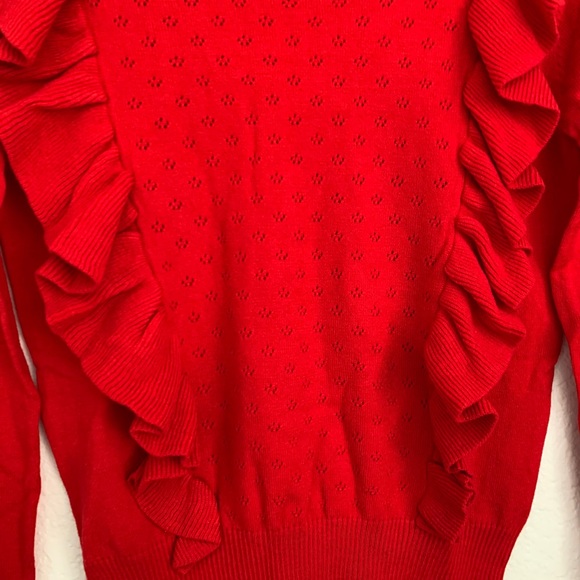 Ruffle Pointelle Knit Sweater Red - Picture 8 of 10
